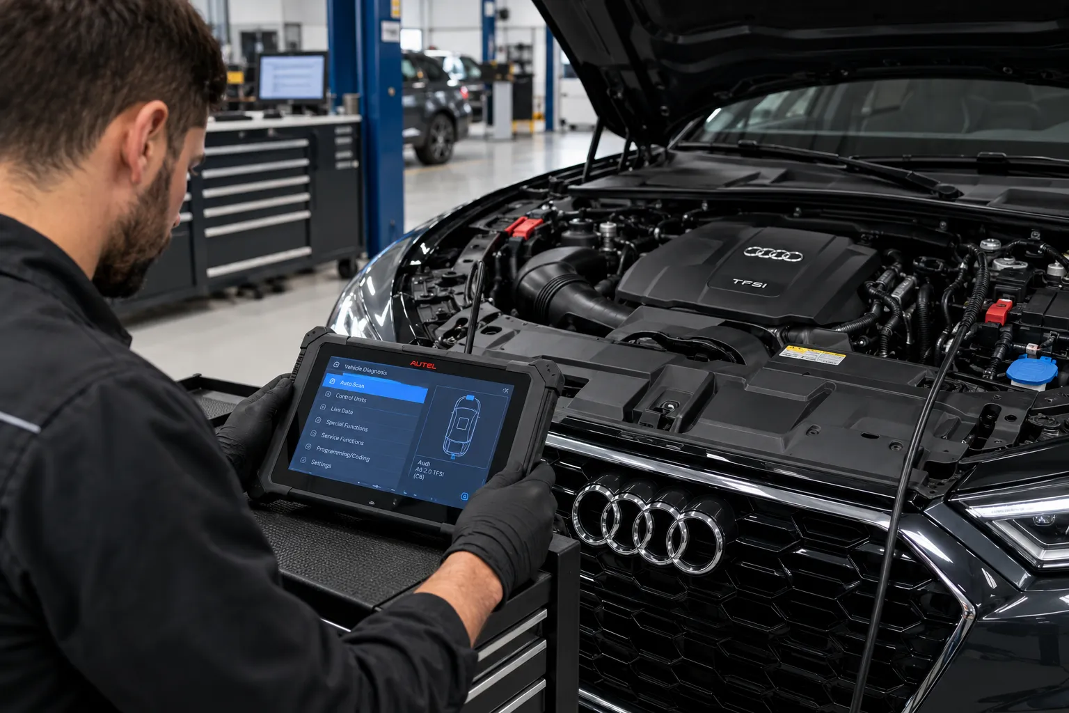 Technician performing Audi electrical diagnostics