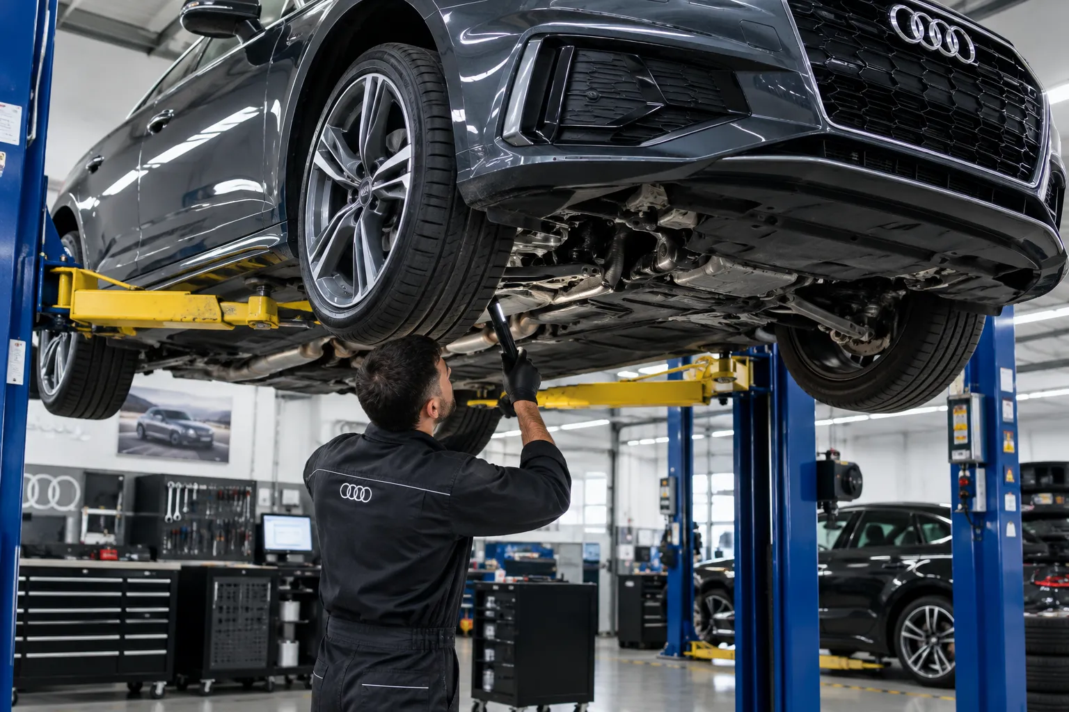 Technician inspecting Audi vehicle for unusual problems