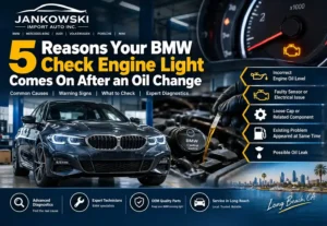 BMW check engine light after oil change with oil level and diagnostic warning signs