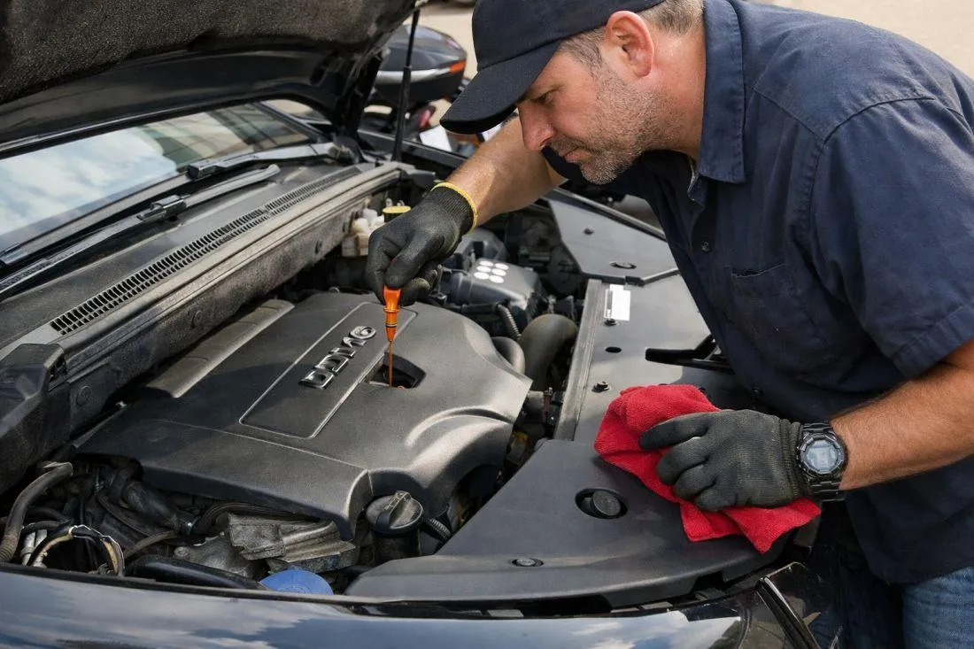 Mechanic checking engine oil level in a European car