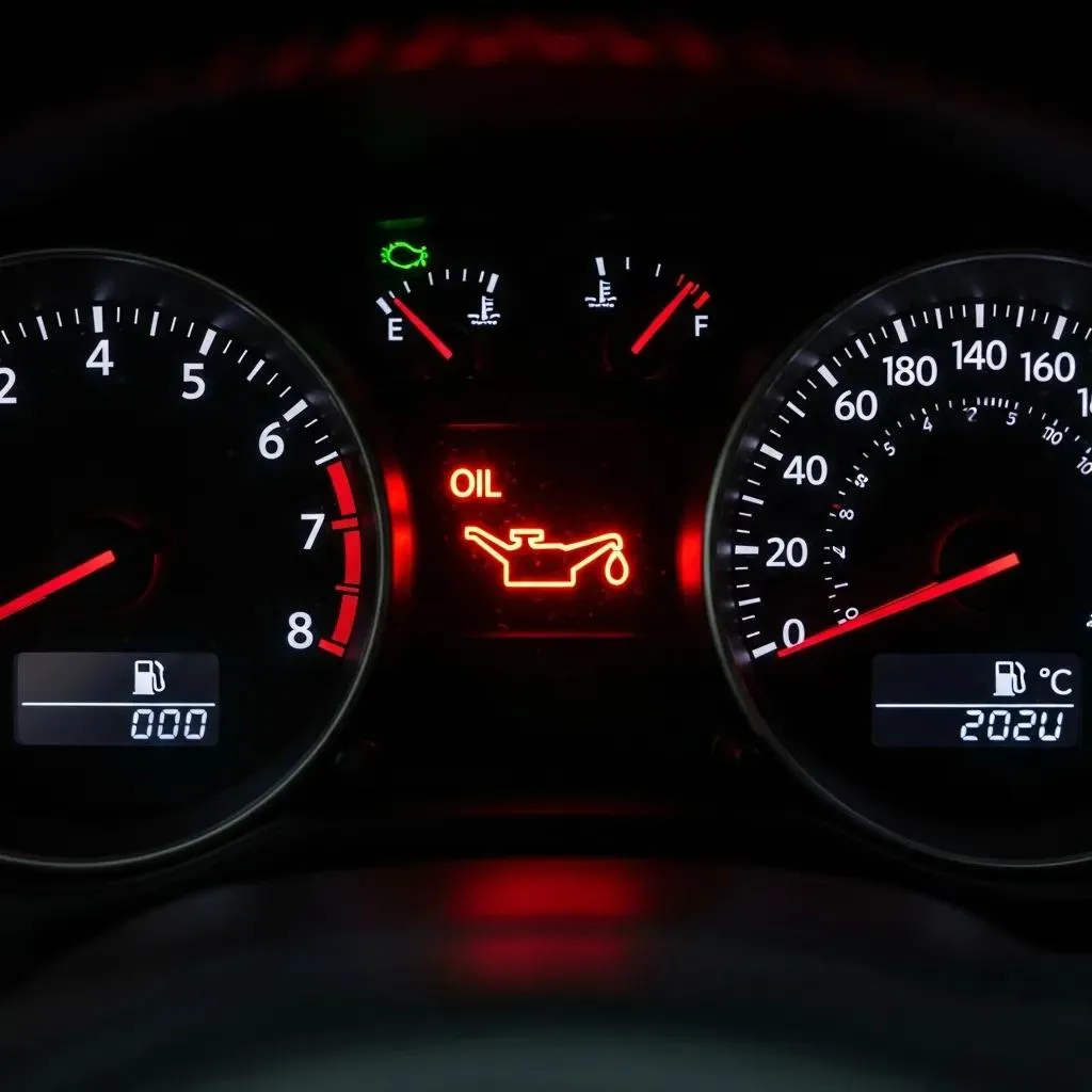 Car dashboard showing an oil warning light