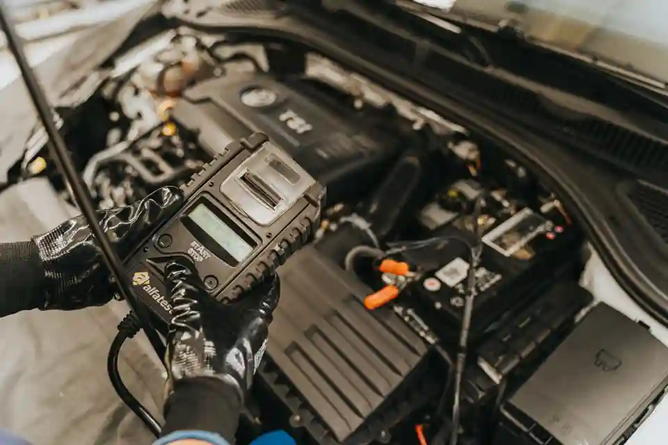 Mechanic performing Mercedes transmission diagnostics