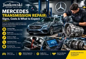 Mercedes transmission repair service showing a Mercedes-Benz car, transmission gearbox, mechanic, diagnostic tools, and common transmission repair information.