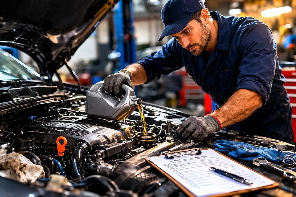 Professional mechanic inspecting car engine during oil service