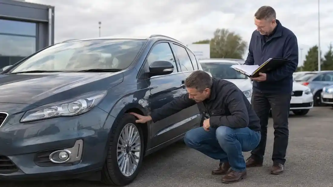 Buyer inspecting the exterior and tires of a used car