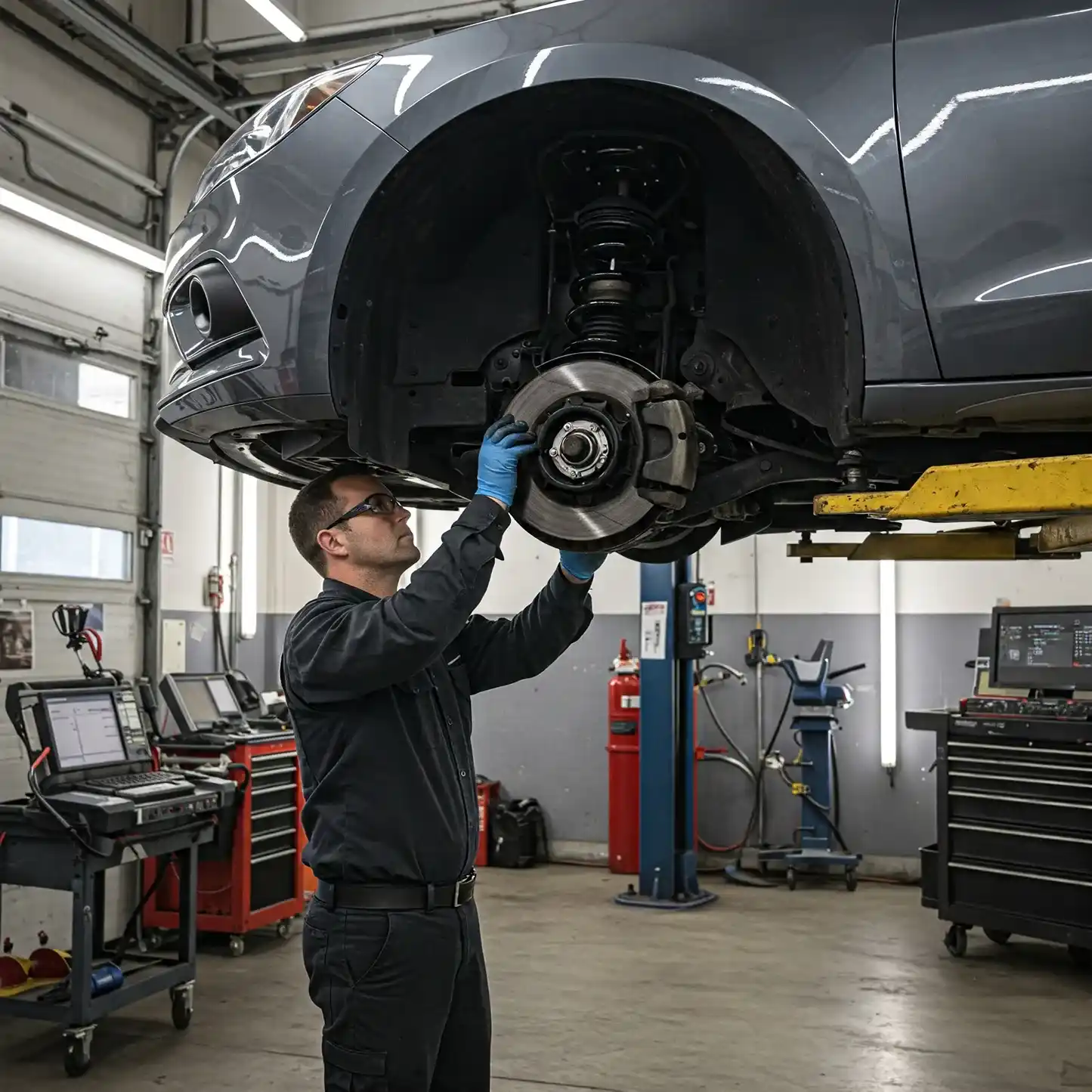 Mechanic inspecting brakes and suspension on a used car