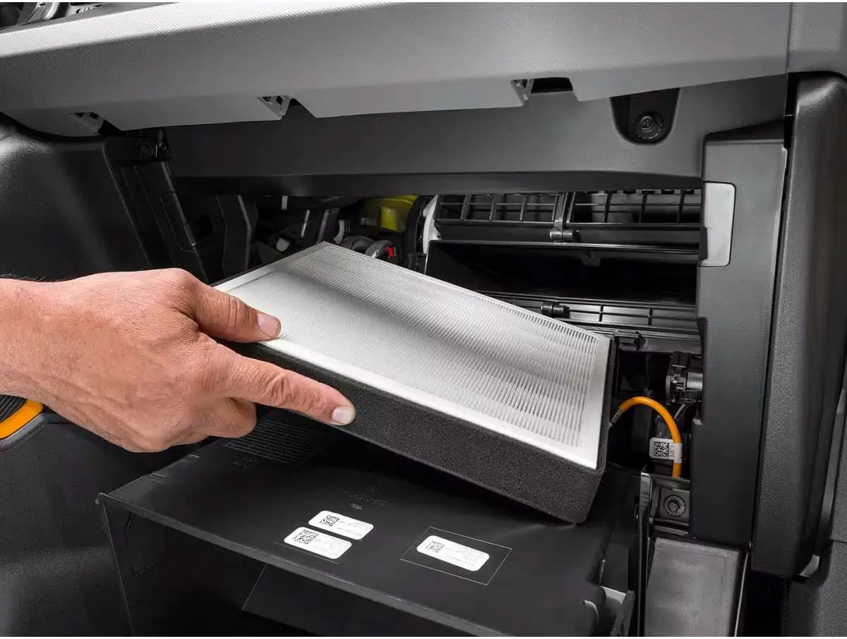 Dirty cabin air filter replacement in car HVAC system