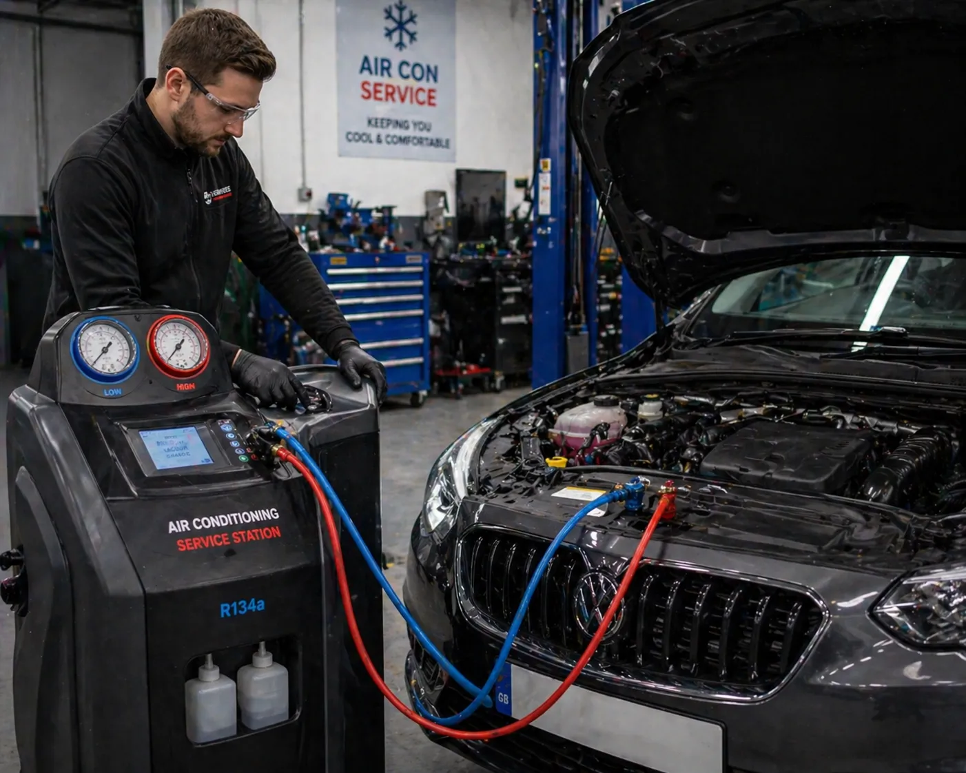 Car AC refrigerant recharge and pressure testing