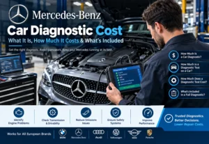 Car diagnostic cost guide showing a Mercedes-Benz being professionally diagnosed with a diagnostic scanner