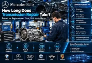 Mercedes-Benz transmission repair and replacement process with a mechanic inspecting a transmission assembly in an automotive workshop