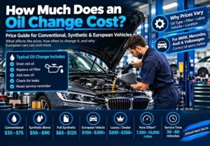 How much does an oil change cost, showing oil change prices for conventional, synthetic, and European vehicles