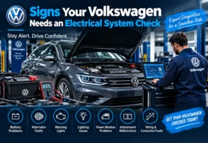Volkswagen electrical system check with battery, alternator, warning lights, and diagnostic equipment