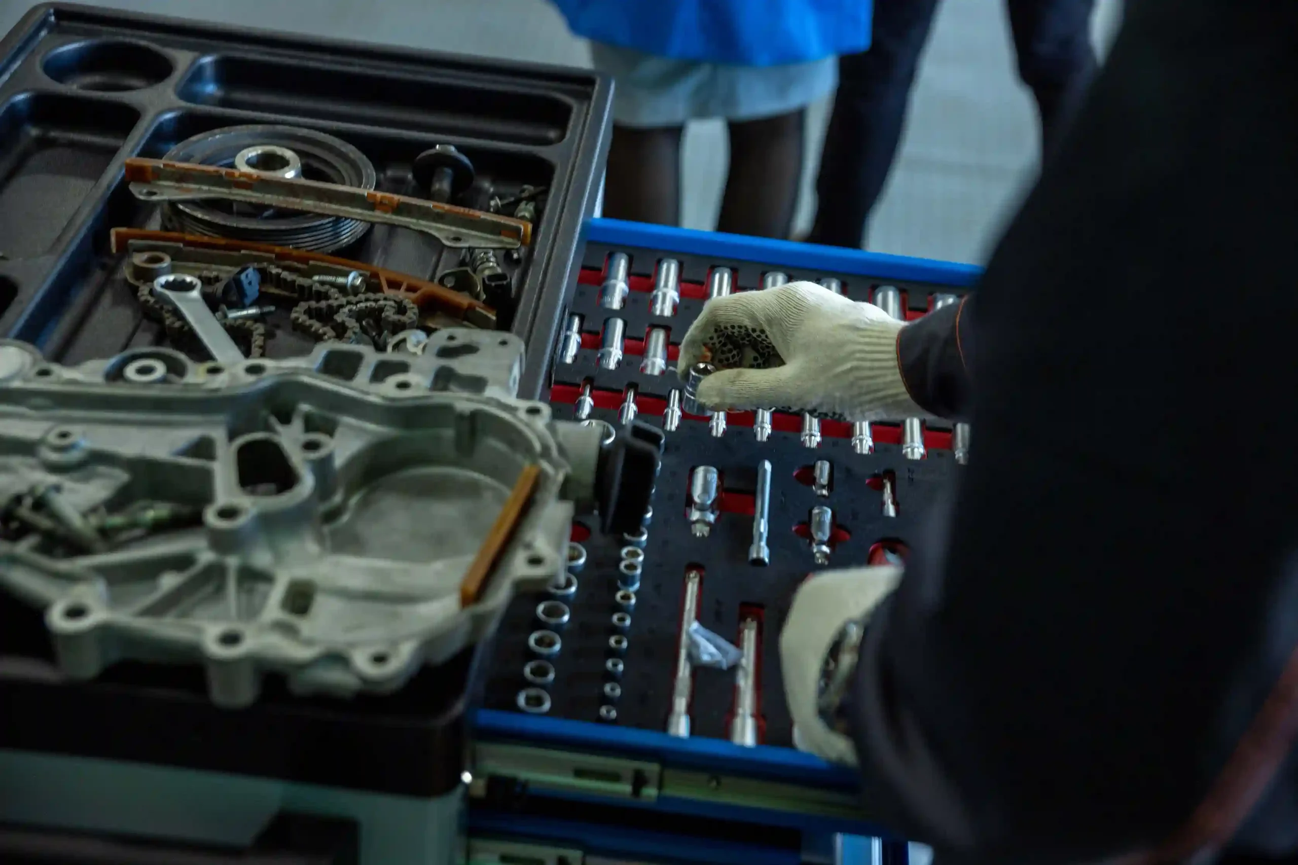 Mechanic tools and equipment used during transmission repair