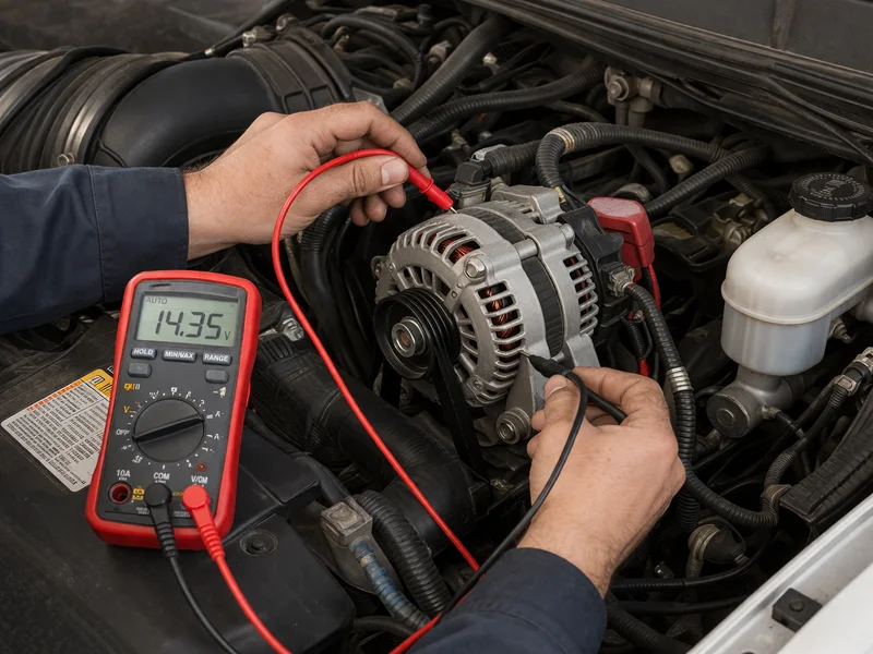 Technician testing car alternator voltage with multimeter