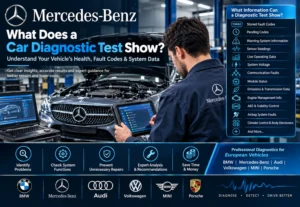 Car diagnostic test showing fault codes, sensor readings, live data, and vehicle system information